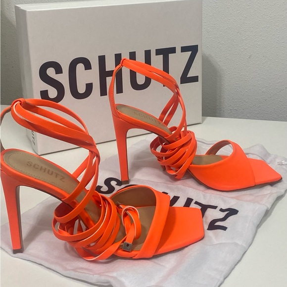 SCHUTZ Bryce Leather Strap Ankle-Wrap Sandal in Acid Orange - Picture 8 of 12